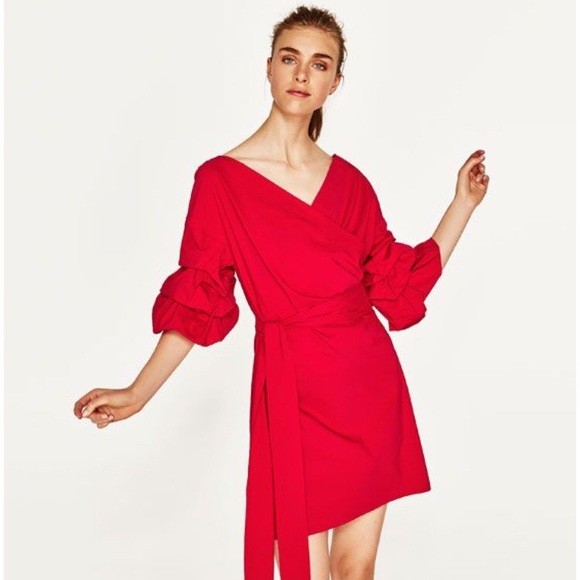 zara red puff sleeve dress